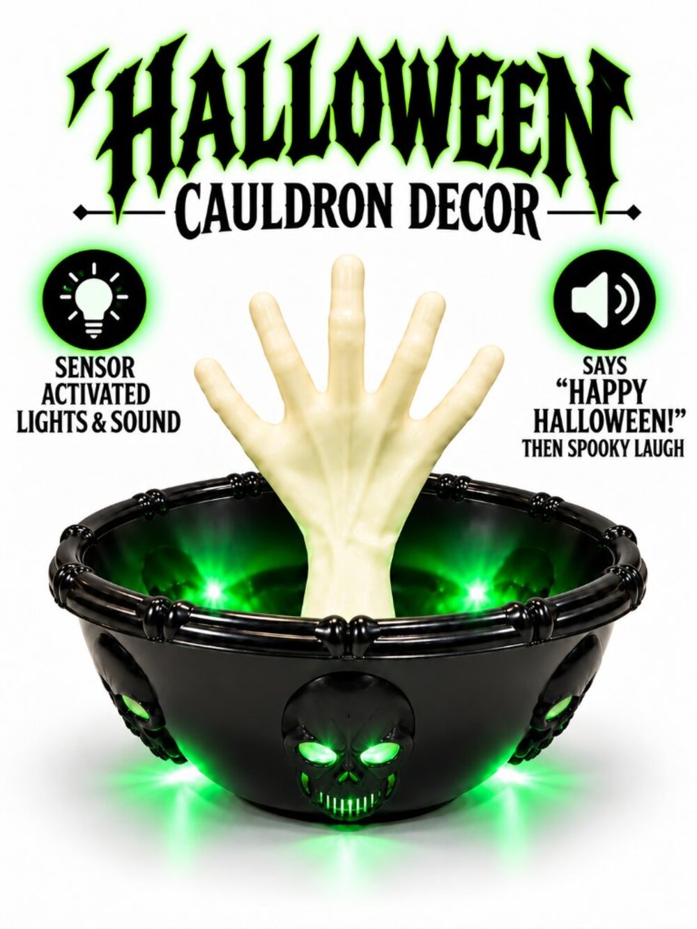 Halloween Cauldron Decor Sensor Activated Light Up Sound Skeleton Hand NEW